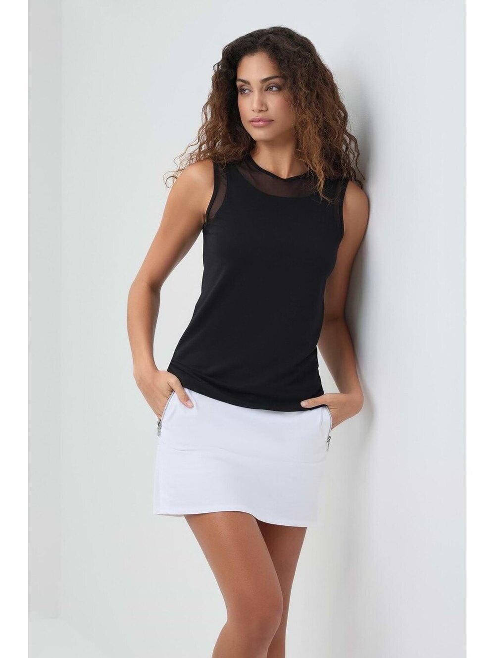 Anatomie Flo Pima Cotton Slim Fit Tank Top Mesh Trim V-Neck Back Black S
